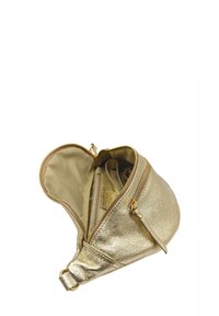 Sac à épaule en métal doré avec une forme arrondie, comportant deux compartiments zippés et un extérieur lisse et texturé. L'intérieur est doublé de beige.