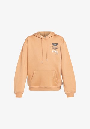 Hoodie in licht perzik fleece, met een voorzak, koordjes en een gedrukt grafisch logo in zwart-wit op de borst.