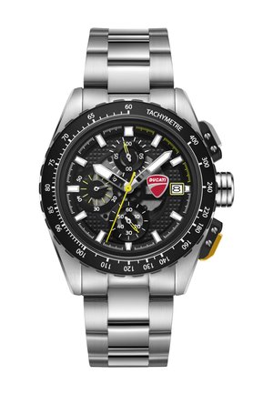 Ducati kronografski sat od nehrđajućeg čelika s crnim teksturiranim brojčanikom, tri podbrojčanika, žutim akcentima, tahimetarskim prstenom i prikazom datuma na 3 sata.