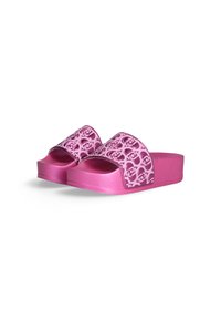 Pink slide sandals featuring a textured strap with a repeating pattern and a raised sole for comfort. Durable material with a smooth finish.