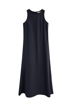 Vestito midi senza maniche di colore blu navy scuro con scollo rotondo e chiusura con zip sul retro.