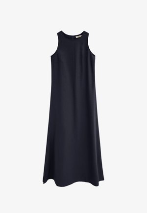 Bez rękawów, granatowa sukienka midi z okrągłym dekoltem i zapięciem na zamek z tyłu.