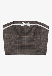 Bandeau top od crne i bež karirane tkanine s bijelom trakicom kao detaljem. Strukturirani dizajn s ravnim dekolteom i nabranom teksturom.