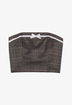 Bandeau top od crne i bež karirane tkanine s bijelom trakicom kao detaljem. Strukturirani dizajn s ravnim dekolteom i nabranom teksturom.