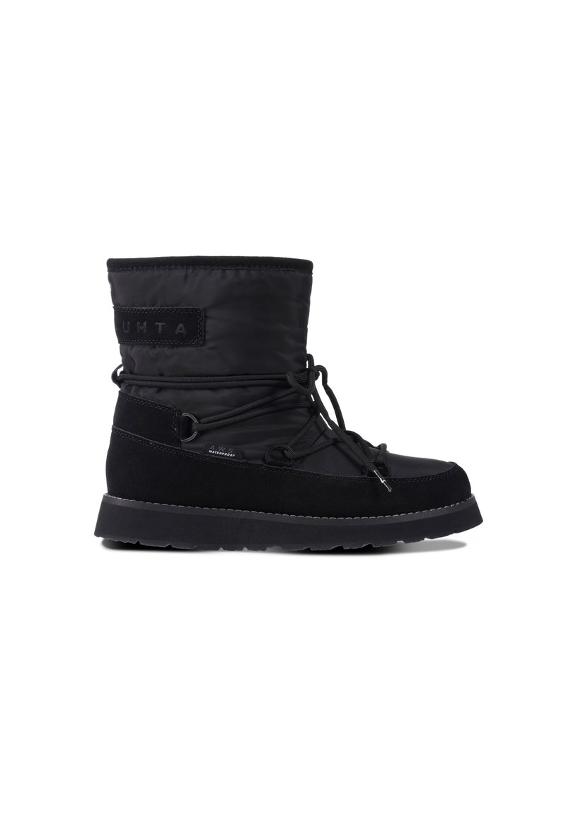 Stivali alla caviglia neri impermeabili con tomaia in nylon imbottito, chiusura con lacci e dettagli in suede. La suola spessa in gomma offre stabilità e grip.
