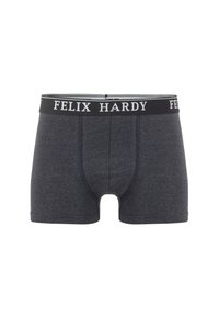 Boxer in cotone grigio con elastico nero in vita che riporta la scritta "FELIX HARDY" in bianco; texture morbida, design aderente e lunghezza fino a metà coscia.