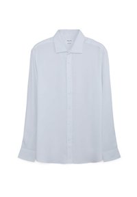 Chemise habillée blanche à manches longues pour homme, avec un devant à boutons, un col pointu et des poignets boutonnés, affichée sur fond uni.