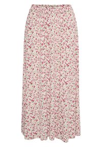 Jupe maxi en tissu léger, présentant un motif floral avec des accents roses et verts sur un fond crème, avec une ceinture élastique.
