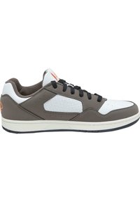Gray and white low-top sneaker with a mesh side panel, black laces, and a textured rubber sole. Features orange logo detail on the heel.