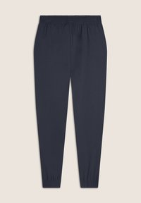 Pantaloni tuta blu navy con vita e polsini elastici, realizzati in tessuto morbido. Design semplice senza tasche o dettagli aggiuntivi.