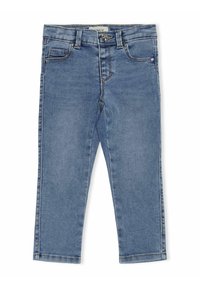 Világoskék farmernadrág, slim fit fazonnal, öt zsebbel, gombos záródással és kontrasztos varrással. Simább textúra enyhe kopás részletekkel.