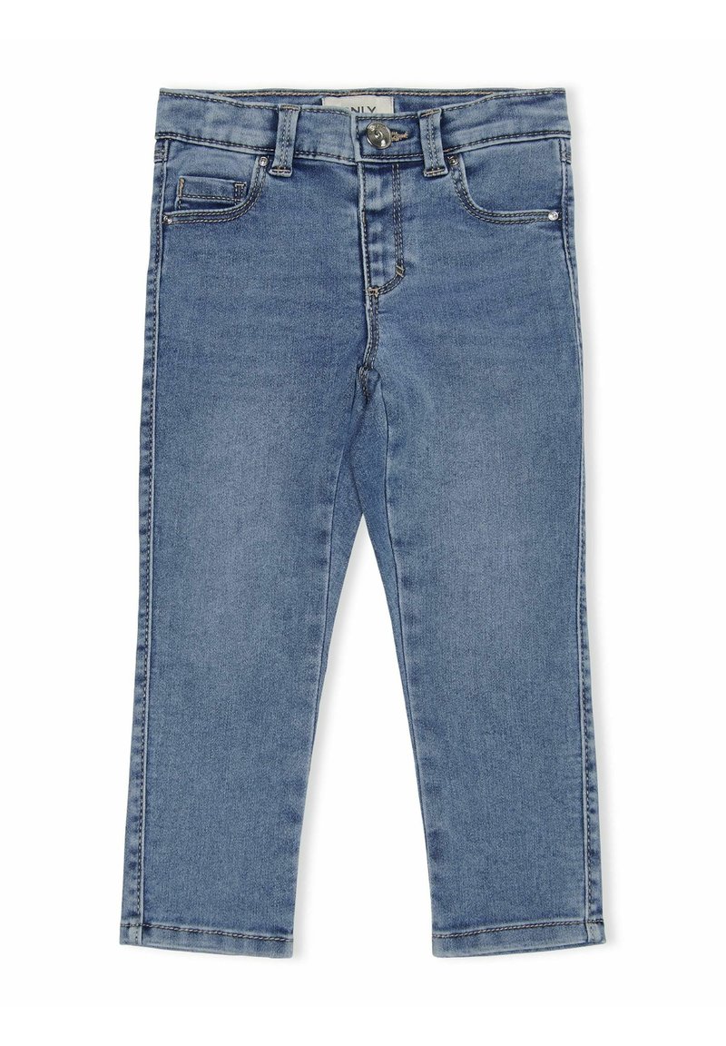 Világoskék farmernadrág, slim fit fazonnal, öt zsebbel, gombos záródással és kontrasztos varrással. Simább textúra enyhe kopás részletekkel.