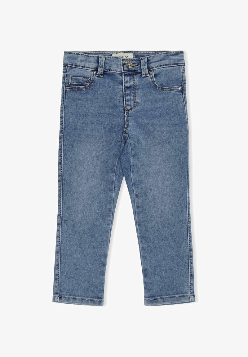 Džínsy z denimu vo svetlo modrej farbe, slim fit strih s piatimi vreckami, zapínanie na gombík a kontrastné šitie. Hladká textúra s jemným zafarbením.