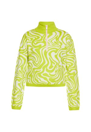 Afkortet pullover trøje i klar limegrøn med hvide, svungne mønstre, høj hals og halv-lynlås foran. Blødt strikket stof.