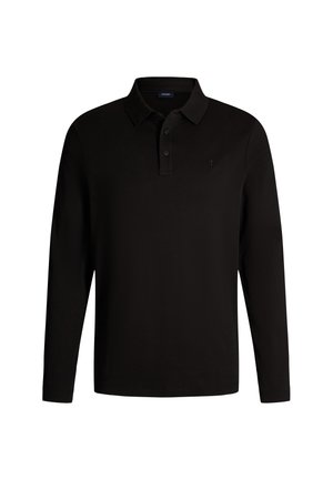 Langärmliges schwarzes Poloshirt aus weichem Stoff mit Kragen. Verfügt über eine Knopfleiste mit drei Knöpfen und ein kleines gesticktes Logo auf der Brust.