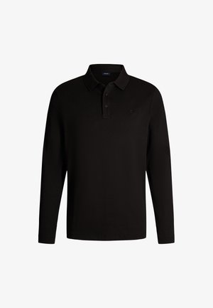 Polo shirt noir à manches longues en tissu doux avec un col. Comprend une patte de boutonnage à trois boutons et un petit logo brodé sur la poitrine.