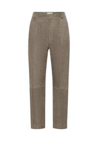 Taupekleurige suède rechte broek met voornaaddetails en riemlussen, ontworpen voor een getailleerde pasvorm.