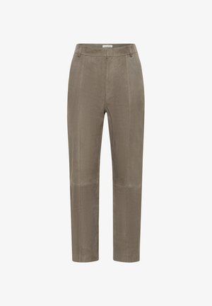 Taupe-colored straight-leg suede trousers with front seam detailing and belt loops, designed for a tailored fit.