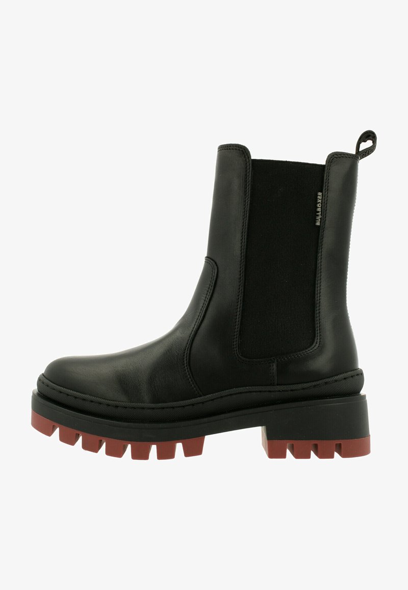 Black leather ankle boots with elastic side panels, chunky red and black sole, and pull tab; smooth finish, rounded toe, and sturdy design.