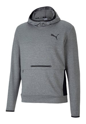 Grå langærmet Puma-hoodie med lynlåslomme foran, justerbar hætte og sort Puma-logo på brystet.