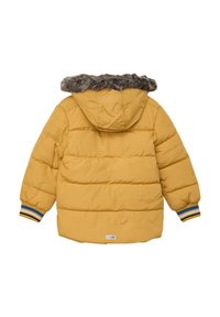 Geel gewatteerd jack met een met bont gevoerd capuchon, geribbelde blauwe en gele accenten op de mouwen, geborduurde textuur en een label op de zoom.