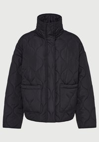 Black quilted jacket with high collar, puffed design, two front pockets, and a smooth texture. Features rounded stitching pattern.