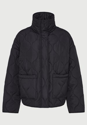 Schwarze gesteppte Jacke mit hohem Kragen, gepufftem Design, zwei Fronttaschen und einer glatten Textur. Verfügt über ein rundes Nähmuster.