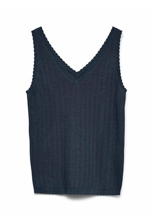 Marineblå strikket ærmeløs sweatervest med V-hals og ribbet teksturmønster, lagt fladt på en hvid baggrund.