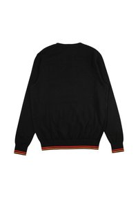 Pull noir en maille avec manches longues, poignets et ourlet côtelés, bordure rayée rouge et jaune à la taille et aux manches.