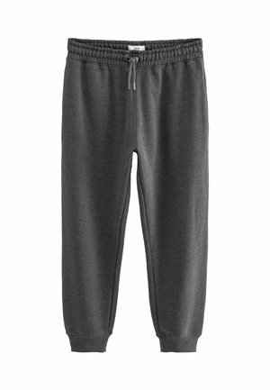 Grå sweatpants lavet af blødt stof, der har en elastisk talje med snøre, smalle manchetter og sidelommer.
