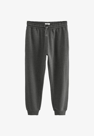 Pantaloni sportivi grigi realizzati in tessuto morbido, dotati di un elastico in vita con coulisse, polsini a tubo e tasche laterali.