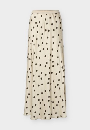 Beiger langer Rock mit schwarzen Punkten, glattem Stoff, hoher Taille und leicht ausgestelltem Saum.