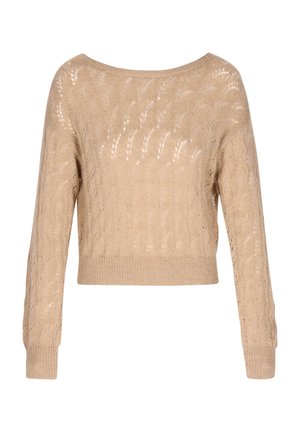 Beige stickad tröja med öppen krage, långa ärmar och en kort design. Har ett spetsliknande mönster över hela tyget.