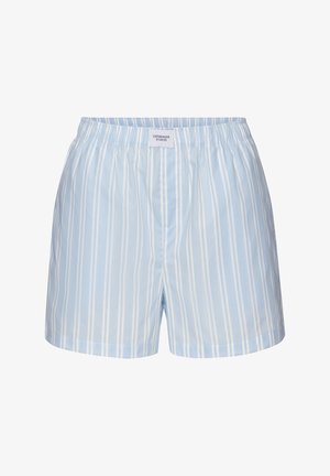 Light blue boxer shorts with vertical white stripes and an elastic waistband with a Copenhagen Studios label at the center front.