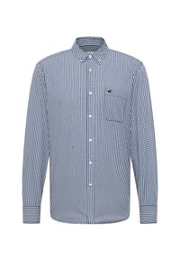 Long-sleeve button-up shirt in navy and white gingham pattern. Features a button-down collar and a left chest pocket. Cotton blend fabric.