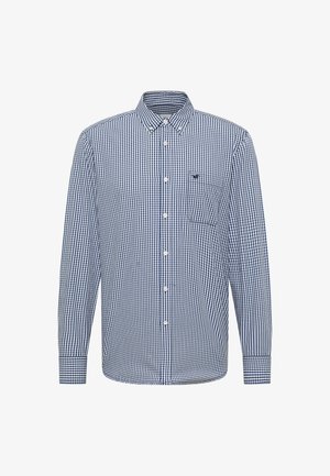 Skjorta med långa ärmar i marinblå och vit rutig mönster. Har en button-down krage och en bröstficka på vänster sida. Tillverkad av en bomullsblandning.