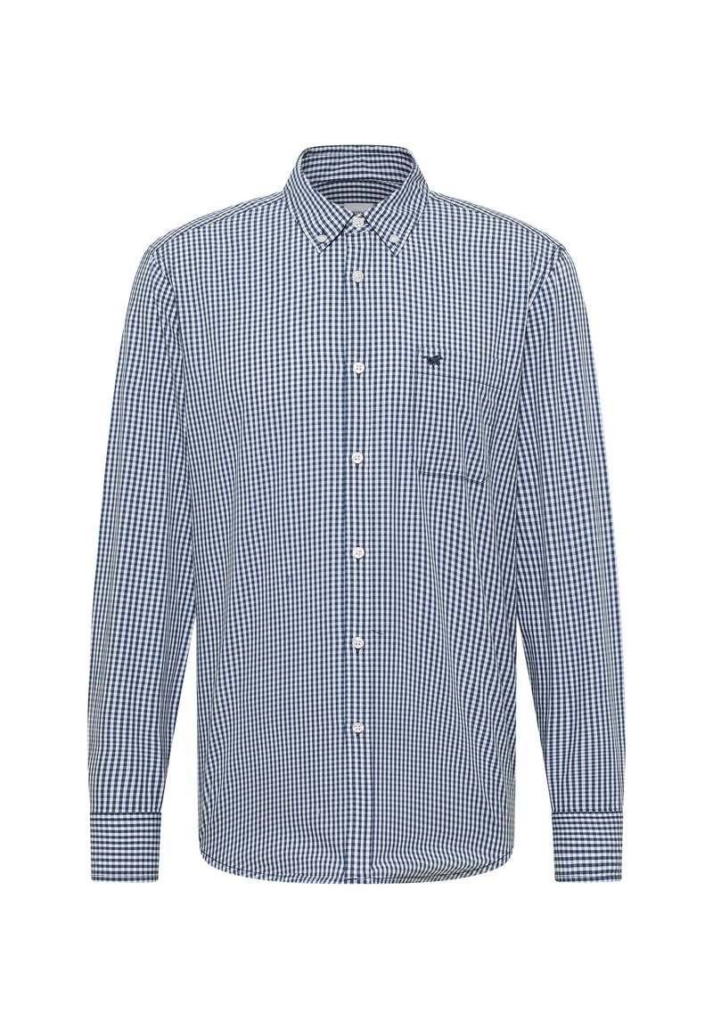 Long-sleeve button-up shirt in navy and white gingham pattern. Features a button-down collar and a left chest pocket. Cotton blend fabric.