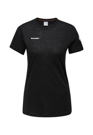 Black short-sleeve t-shirt made of soft fabric, featuring a crew neck and a white "MAMMUT" logo on the front. Simple and fitted design.