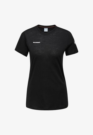 T-shirt nera a maniche corte in morbido tessuto, con collo rotondo e logo bianco "MAMMUT" sul davanti. Design semplice e aderente.