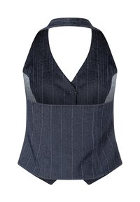 Navy-blaues Top mit Pinstripes und tiefem V-Ausschnitt sowie breitem Bund, aus strukturiertem Stoff gefertigt.