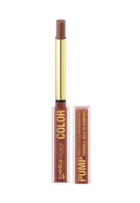 Rossetto liquido con una tonalità marrone, contenuto in un tubo trasparente con dettagli dorati e testo giallo audace sulla confezione.