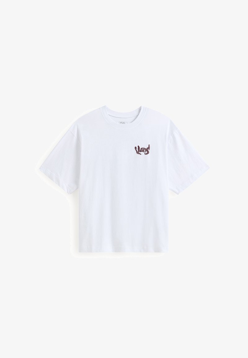 Bílý bavlněný tričko s krátkým rukávem, na levé části hrudi s malým vyšitým logem v barvě burgundy. Klasický design s kulatým výstřihem.