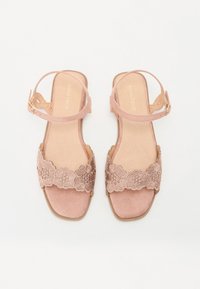 Blush pink sandals with a suede finish, featuring an embroidered lace band across the toes and a buckle ankle strap. Flat soles.