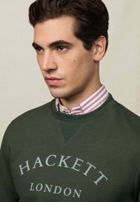 Grüner Pullover mit dem Text "HACKETT LONDON" in hellgrau, über einem rosa-weißen gestreiften Hemd mit Kragen. Glatte Textur.