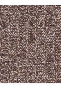 Braun gestrickter Stoff mit einem strukturierten Rippenmuster und kontrastierenden hellen und dunklen Fäden, die ein warmes, gemütliches Erscheinungsbild erzeugen.