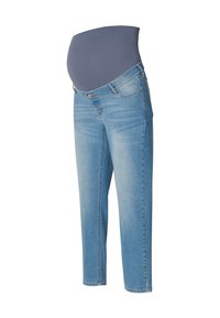 Spodnie ciążowe wykonane z niebieskiego elastycznego dżinsu, o slim fit, z szerokim pasem z jerseyu dla komfortu, z pięcioma kieszeniami i delikatnym przecieraniem.