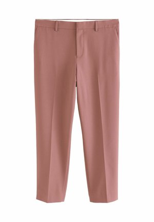 Pantalones rectos de color rosa claro, con una textura suave, diseño de pierna recta y un sutil pliegue en la parte frontal. Cuenta con trabillas para cinturón y bolsillos laterales.