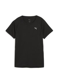 Camiseta de manga corta negra hecha de una mezcla de algodón. Presenta un escote redondo y el logo blanco de Puma en la parte superior izquierda. Textura suave, corte casual.