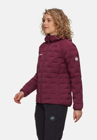 Bordowa kurtka puchowa z kapturem, z pikowanym wzorem, przednim zamkiem błyskawicznym, bocznymi kieszeniami oraz logo na lewej piersi i rękawie.