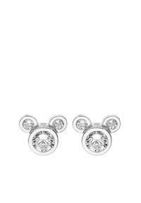 Orecchini a cerchio in argento con tre cristalli trasparenti rotondi, due più piccoli sopra e una pietra centrale più grande, che richiamano un design ispirato a Topolino.